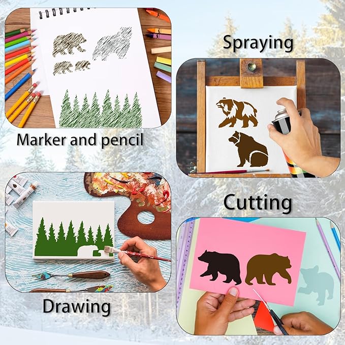 35 Pack Bear Stencils for Painting on Wood, Pine Tree Stencils Bear Claw Wildlife Animal Stencil Template for DIY Craft Wall Fabric Rock Chalkboard Sign School Art Scrapbook Projects (Bear)