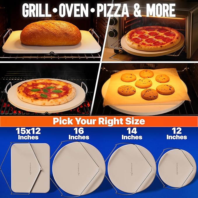 KitchenStar 12-inch Pizza Stone for Oven and BBQ Grill with Handles, Round, 5/8" Thick - Natural Cordierite, 1800 °F Resistant, Baking Stone Set with Stainless Steel Rack & Plastic Scraper Tool