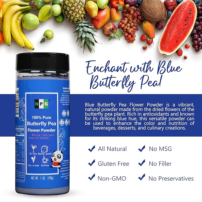 NPG 100% Pure Blue Butterfly Pea Flower Powder 7 oz(198 g), All Natural Non GMO Blue Food Coloring Powder Rich in Antioxidants,Caffeine Free Gluten Free Vegan (Pack of 2)