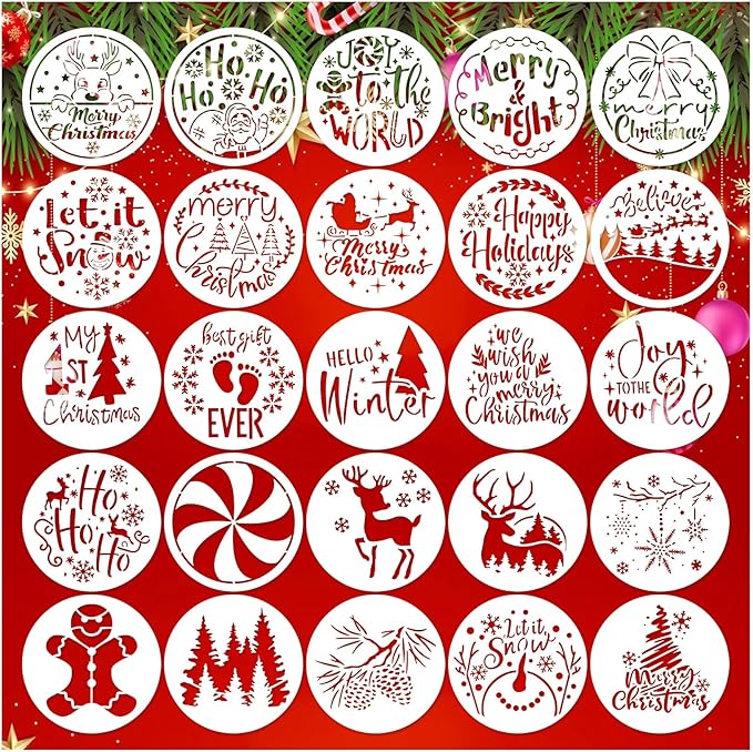 25 Pcs Christmas Stencils for Crafts Reusable 4 Inch Small Christmas Stencil for Painting on Wood Ornament Card Making Window (25 Christmas 4in)