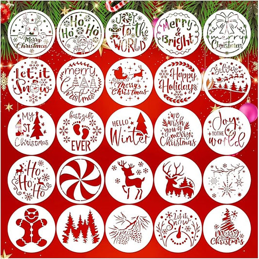 25 Pcs Christmas Stencils for Crafts Reusable 4 Inch Small Christmas Stencil for Painting on Wood Ornament Card Making Window (25 Christmas 4in)
