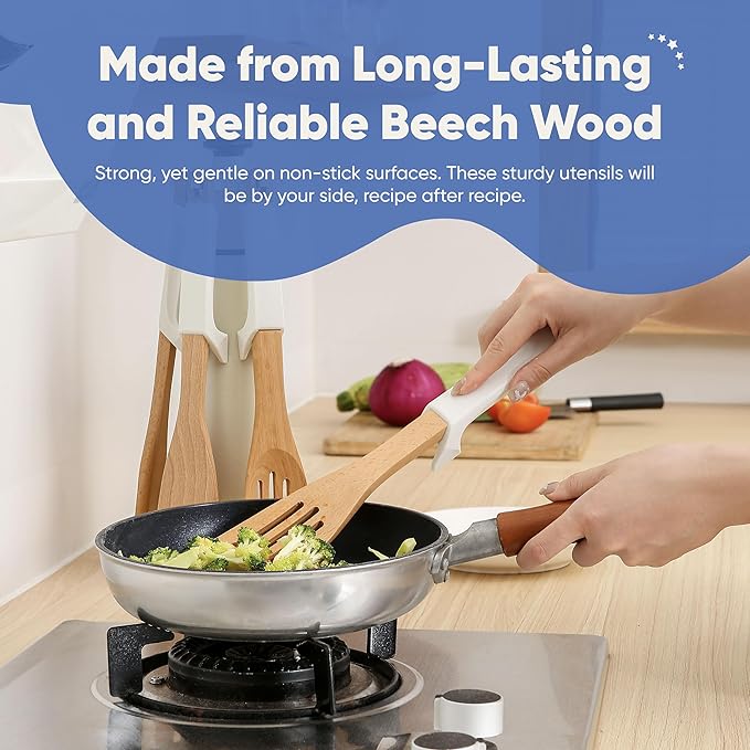 Chef’s Path Wooden Cooking Utensils Set – 5-Piece Beech Wood Kitchen Utensils Set with Silicone Spoon Rest, Wooden Spatula, Serving Spoon, Wooden Spoons for Cooking & Rotating Utensil Holder, White