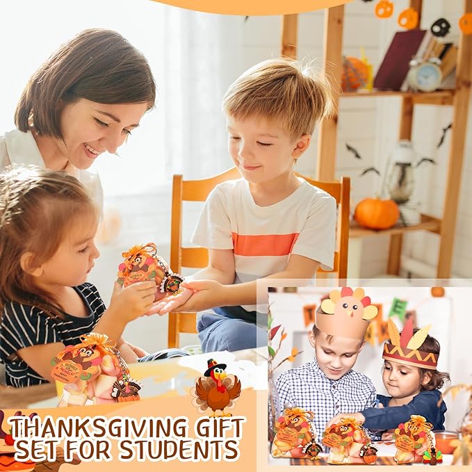 72 Pcs Thanksgiving Gifts for Students 24 Set Friendsgiving Goodie Bags Turkey Keychain Gifts & Organza Bags & Card for Students Key Chain Classroom Reward Gift Party Goodie Bag Stuffers Gift