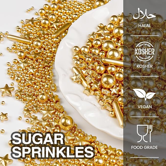 Christmas Gold Pearl Star Rods Sprinkles, Edible Gold Pearls Sprinkles for Cake Decorating, 150g/5.29oz, Cake Decoration, Cake Toppers, Wedding Party, Christmas Baking Supplies