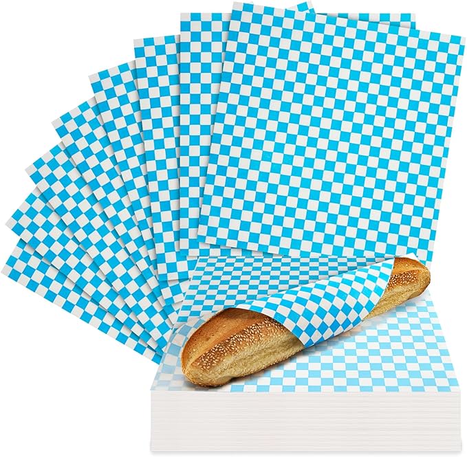 Culiware Deli Paper Sheets, 12x12 inch, 1000pcs - Classic Checkered Wax Sheet, Precut Food Basket Liners, Grease-Resistant Wrapping Paper for Sandwich Bread Burritos (Blue and White)