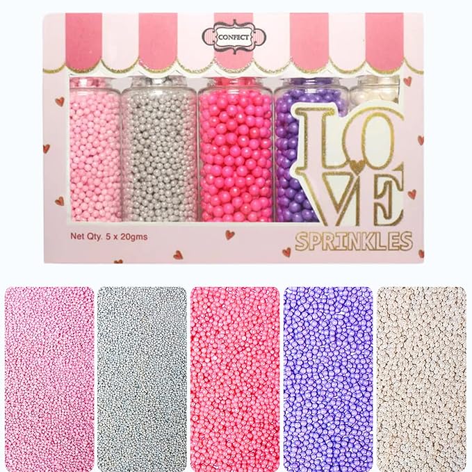 Confect Pretty Princess Pearl Sprinkles – 5 Pack Dragees Mix (Baby Pink, Silver, Neon Pink, Purple & White) – Elegant Cake & Cupcake Decorations – Vegan, Gluten-Free, Nut-Free, Soy-Free, Dairy-Free, Palm Oil-Free , Dye Free, No Artificial Dyes- 5 Oz