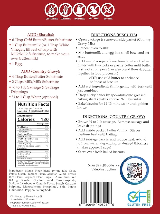 Mom's Place Gluten-Free Biscuit & Country Gravy Mix, Dairy Free, Nut Free & Soy Free Easy to Make, Makes 8-9 Biscuits,13.5 oz.