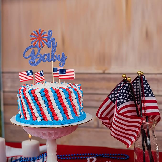 1Pc Happy Independence Day Oh Baby Cake Topper Glitter Firework Happy 4th of July Babyshower Cake Decorations for Independence Day Theme Party Cake Decorations Supplies