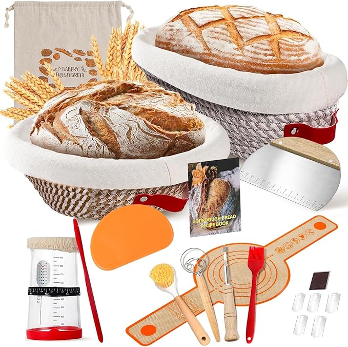 Sourdough Bread Baking Supplies, Sourdough Starter Kit, 9" Round and 10" Oval Bread Proofing Basket with Sour Dough Starter Jar, Reusable Breads Making Tools Perfect Gifts for Bakers