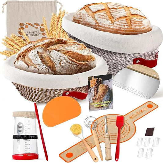 Sourdough Bread Baking Supplies, Sourdough Starter Kit, 9" Round and 10" Oval Bread Proofing Basket with Sour Dough Starter Jar, Reusable Breads Making Tools Perfect Gifts for Bakers