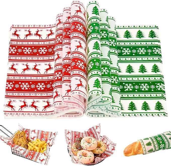 Zezzxu 100 Sheets Wax Paper for Food, Red and Green Parchment Paper for Cookie Box Deli Wrapping Grease Resistant Basket Liners (9.8 x 9.8 Inches)