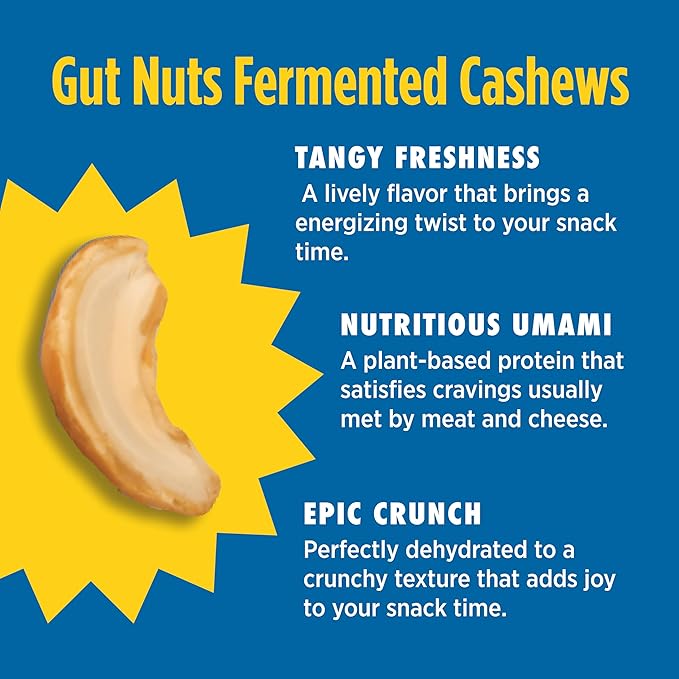 Gut Nuts - Fermented and Sprouted "Sourdough" Cashews for Gut Health - Tangy, Umami, & Salty Flavors - Super Crunchy Low Carb Keto Snacks - Low Sugar Prebiotic & Postbiotic Cashew Snacks - 3oz Pouch (6 Pack) - by Philosopher Foods