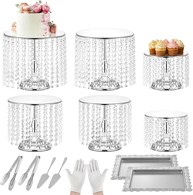 12 Pieces Silver Cake Stand Set, Vintage Cake Display Stand with Crystal Edge and Cupcake Display Tray, Dessert Table Display Set for Wedding Party Baby Shower Anniversary Celebration