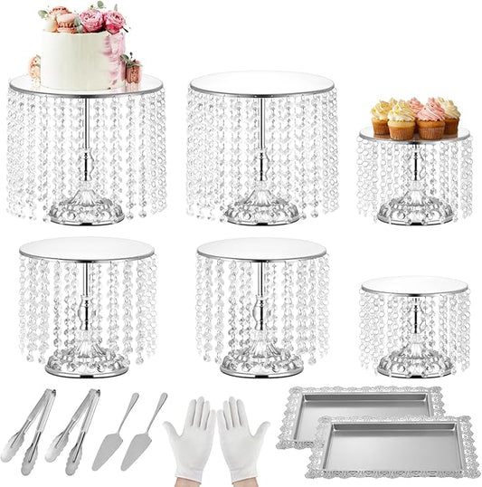 12 Pieces Silver Cake Stand Set, Vintage Cake Display Stand with Crystal Edge and Cupcake Display Tray, Dessert Table Display Set for Wedding Party Baby Shower Anniversary Celebration