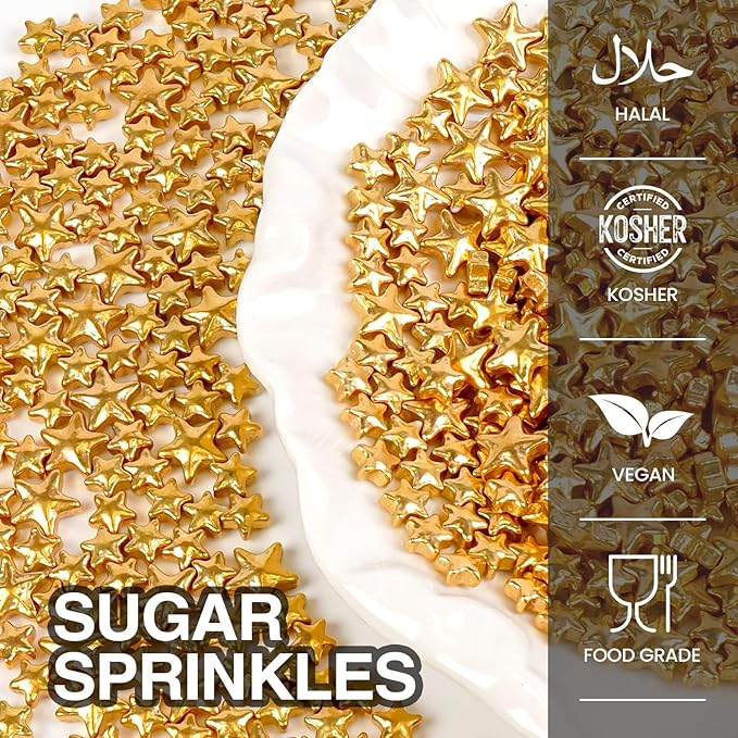 Christmas Gold Star Sprinkles for Cake Decorating, Edible Star Sugar Candy, Mix Size, Baking For Cupcakes, Decorating, Cookies, Donuts, Wedding Party, Holiday, 150g/5.29oz