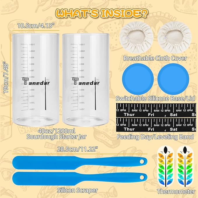 Sourdough Starter Jar Kit 2Pack, 40OZ Large Sourdough Starter Kit With Thermometer Strips & Scraper, Sourdough Bread Baking Supplies–A Perfect Sourdough Bread Starter Kit for Beginners to Expert(Blue)
