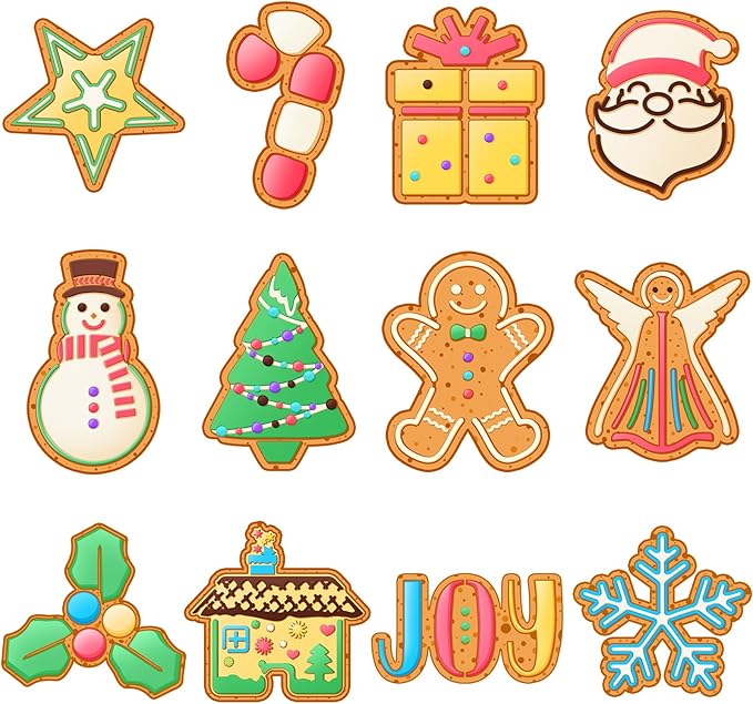 Nuenen 12 Pcs Christmas Cookie Press Set Cookie Press Discs Stainless Steel Stencils Metal Mold Disc for Baking Holiday Cakes Christmas Birthday Cake Decoration, 12 Style(Novel)