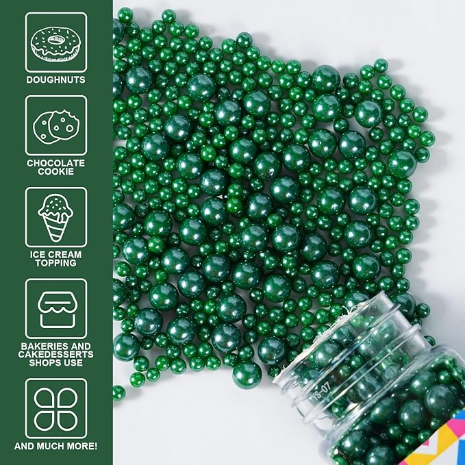 Green Sprinkles for Cake Decorating, 100g/3.5oz Edible Christmas Green Pearl Sprinkles Mix, Sugar Candy Pearls for Baking, Cookie Decorations and Cupcake Toppings, Wedding Party Holiday Supplies