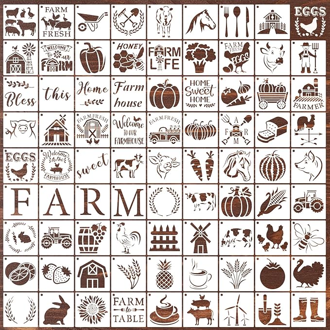 80 Pcs 6 x 6 Inch Stencils for Painting on Wood, Reusable Farm Animal Plastic Stencils DIY Craft Paint Template Set for Wall Rock Home Decor