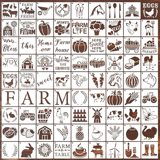 80 Pcs 6 x 6 Inch Stencils for Painting on Wood, Reusable Farm Animal Plastic Stencils DIY Craft Paint Template Set for Wall Rock Home Decor