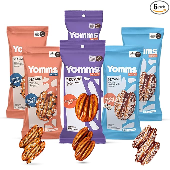 Yomms Pecan Halves Variety Pack – Low Sugar Healthy Dessert Snack | 3 Flavors - Coco Twist, Nutty Chia, Crunchy Joy | Sweet Coconut & Crunchy Pecan Snack | Roasted Mixed Nuts | 1.3oz Each | 2 Pack of Each Flavor | 6 Total