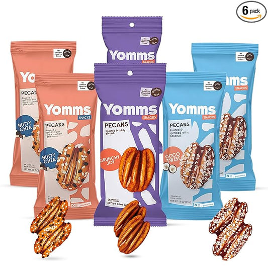 Yomms Pecan Halves Variety Pack – Low Sugar Healthy Dessert Snack | 3 Flavors - Coco Twist, Nutty Chia, Crunchy Joy | Sweet Coconut & Crunchy Pecan Snack | Roasted Mixed Nuts | 1.3oz Each | 2 Pack of Each Flavor | 6 Total