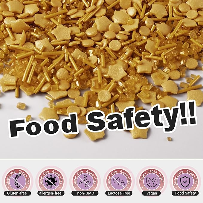 HUEBEATY 6-in-1 Gold Sprinkles Edible for Cake Decorating | 180g/6.36oz | Gold Coin & Star Confetti Sprinkles, Sanding Sugar, Jimmies for Cookies, Cupcakes and Chocolates, Mardi Gras King Cake Sprinkles