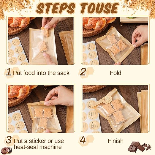 Outus 200 Pcs Cookie Packaging Bags with Seal, 4 x 6 Inch Bakery Pastry Bags with Window, Heat Sealable Grease Resistant Paper to Go Bake Sleeves for Gift Giving Donut Bread Sandwich (Brown)
