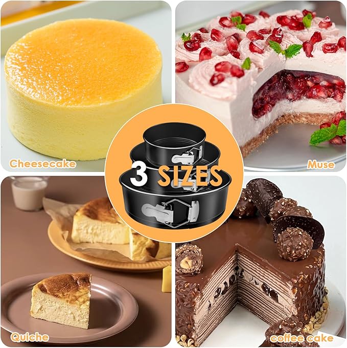 Cake Pan Set of 3, Nonstick Springform Pans with Removable Bottom, Leakproof Stainless Steel Round Cake Pans, 4, 7, 9 Inch Spring Form Pan for Cheesecake with 50 Pcs Parchment Paper Liners