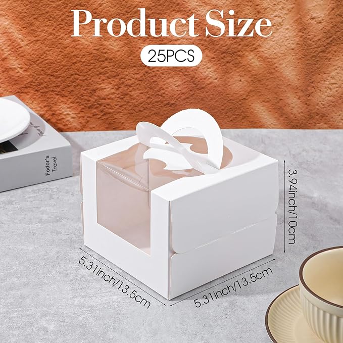 25 Pcs 5 x 5 x 4 Inch White Cake Boxes with Handle & Boards, Easy Carrying Paper Cakes Containers, Cake Holder Window Carriers for Birthday Christmas Birthday Wedding, Party, Gift