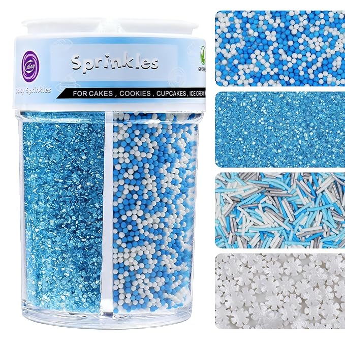 Sprinkles for Cake Decorating Hanukkah Holiday Assortment 8 oz, Blue and White Winter Snowflake Sprinkles Edible Jimmies, Nonpareils and Sanding Sugar for Decorating Cookies, Baking, Cupcakes, Cakes, Desserts