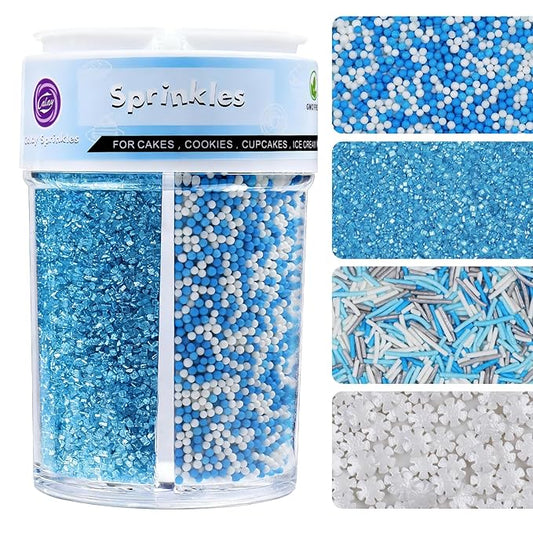 Sprinkles for Cake Decorating Hanukkah Holiday Assortment 8 oz, Blue and White Winter Snowflake Sprinkles Edible Jimmies, Nonpareils and Sanding Sugar for Decorating Cookies, Baking, Cupcakes, Cakes, Desserts