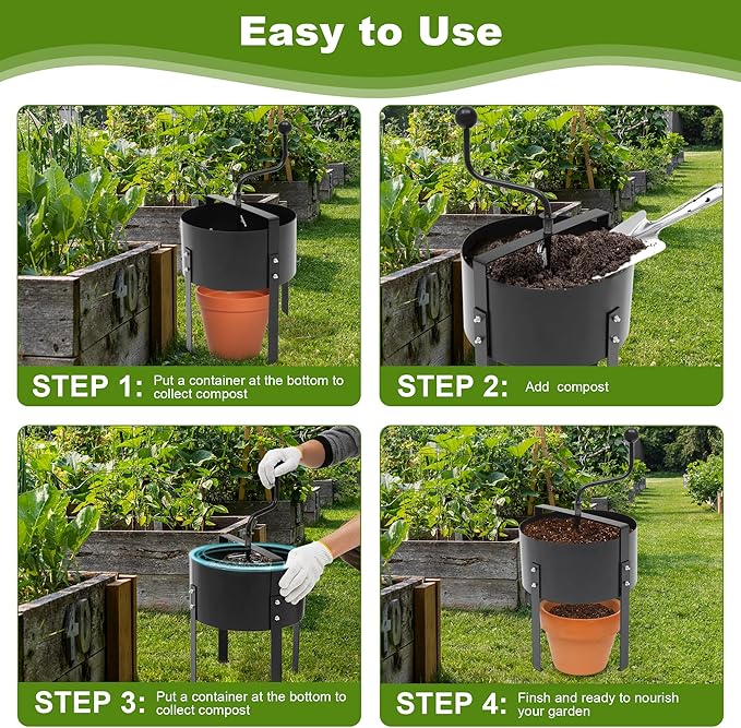 Rotary Soil Sifter Compost Sieve with Gloves and Shovel, Steel Garden Potting Sifting Mesh Rock Sand Dirt Sieve, 13" Sifting Filter with 1/5 Inch Mesh Sifting