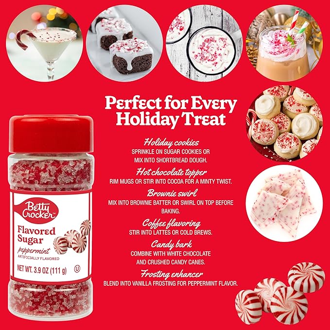 Betty Crocker Peppermint Candy Cane Flavored Sugar – Holiday Finishing Sugar Topping For Hot Chocolate, Chocolate Fudge, Drinks, and more 3.9 oz