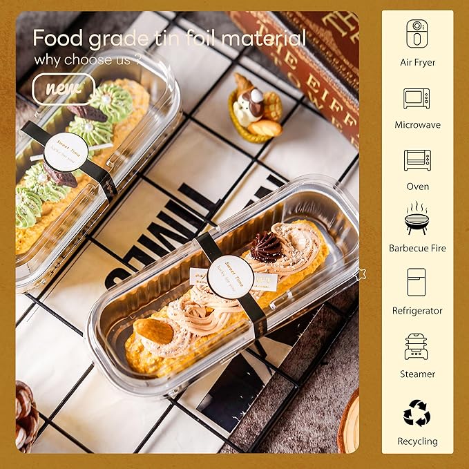 50 Pack Mini Cake Pans with Lids and Spoons Gold Rectangular Aluminum Foil Baking Pans Mini Cheesecake Containers(6.8oz)