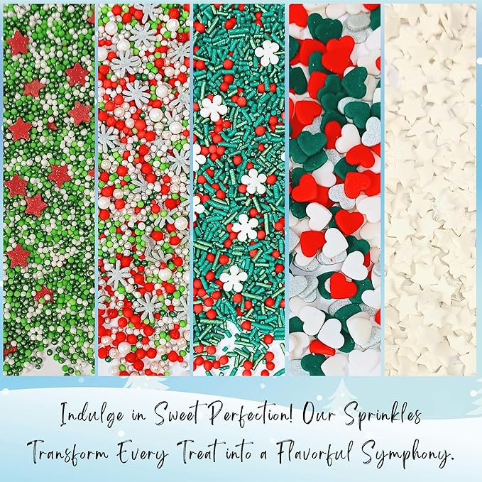 Confect Christmas Sprinkles | Sprinkles for Baking & Cake Decorative | Assorted pack of 5 Silver, Red, Green & White I Heart, stars, Snowflakes sparkling sugar | Cookie sprinkles| Dessert Decorating