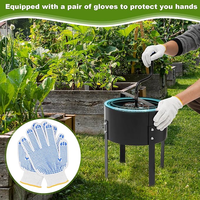 Rotary Soil Sifter Compost Sieve with Gloves and Shovel, Steel Garden Potting Sifting Mesh Rock Sand Dirt Sieve, 13" Sifting Filter with 1/5 Inch Mesh Sifting