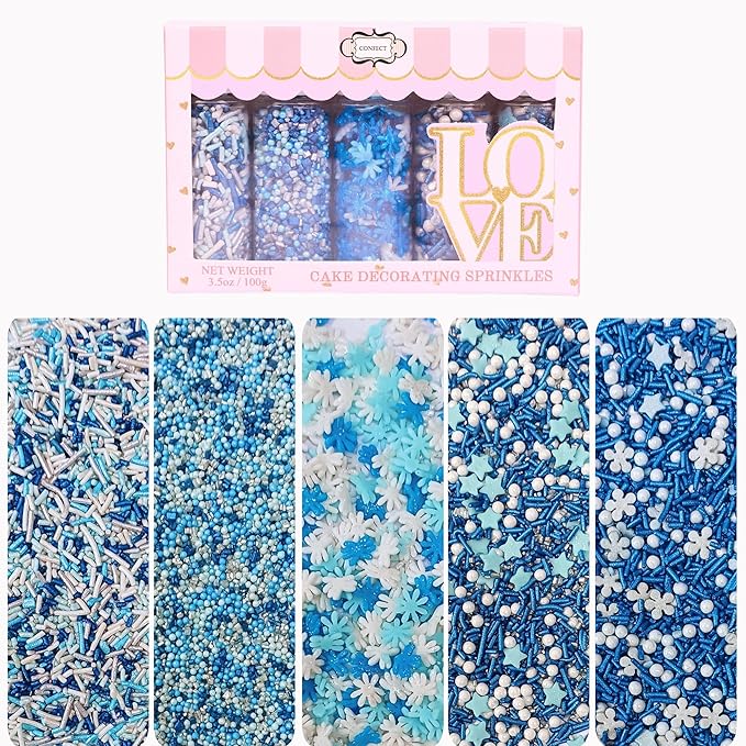 Confect Christmas Sprinkles | Sky Blue, Blue & White Mix | Edible Pearl, Star & Flower Shaped Sprinkles | Winter Holiday Cake & Cupcake Decorations- 5 Oz