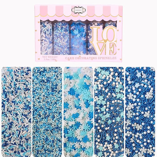 Confect Christmas Sprinkles | Sky Blue, Blue & White Mix | Edible Pearl, Star & Flower Shaped Sprinkles | Winter Holiday Cake & Cupcake Decorations- 5 Oz