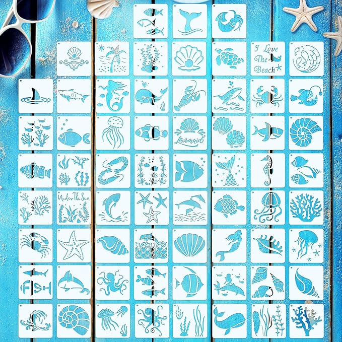 66 Pcs Small Stencils for Crafts Reusable 3 Inch Stencils for Painting on Wood DIY Craft Paint Template for Wall Home Decor Card Rock Canvas Drawing Holiday Ornament(Ocean)