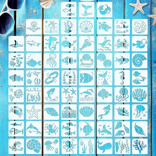 66 Pcs Small Stencils for Crafts Reusable 3 Inch Stencils for Painting on Wood DIY Craft Paint Template for Wall Home Decor Card Rock Canvas Drawing Holiday Ornament(Ocean)