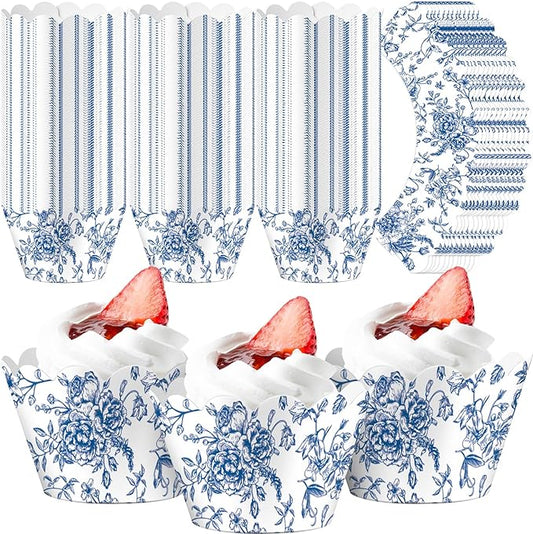 Domensi 100 Pcs Blue Floral Cupcake Wrappers Rustic Cupcake Liners Baking Cups Baking Liners for Wedding Bridal Baby Shower Birthday Party Supplies Dessert Decoration, Blue