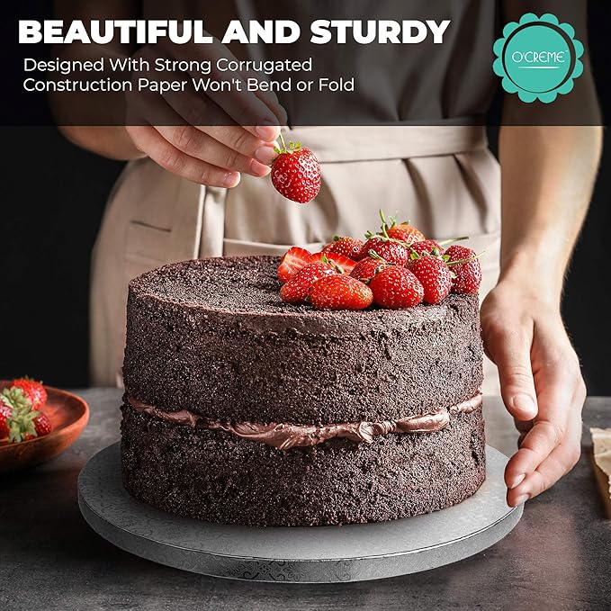O’Creme Cake Board, Silver Foil Round Cake Circles with Gorgeous Design, Sturdy & Durable 1/2” Thick Cake Drums, Round Cake Boards with 9” Diameter, Pack of 5 Disposable Cake Drums
