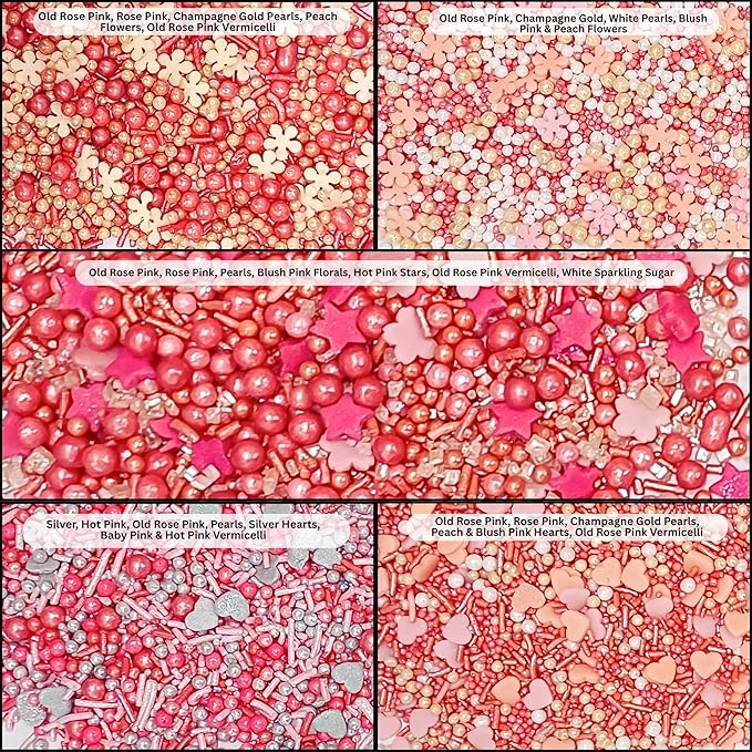 Confect Pretty in Pink, Gold & White Flower & Pearl Sprinkles Mix – Heart & Star Edible Sprinkles for Cakes, Cupcakes, Cookies – Valentine’s Day Baking Decorations – Pack of 5 - Vegan, Gluten-Free, Nut-Free, Soy-Free, Dairy-Free, Palm Oil-Free- 5 Oz