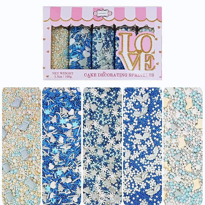Confect Christmas Sprinkles | Christmas Sprinkles - Blue White & Gold Pearls Sparkling sugar I Christmas Tree Stocking & Snowflakes s for Dessert Decorating- 5 Oz