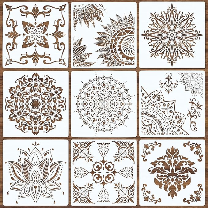 9 Pack Large Reusable Stencil Mandala Stencil Laser Cut Painting Template for Wood Wall Floor Tile Fabric Crafts Furniture Stencils Painting(12x12 Inch)