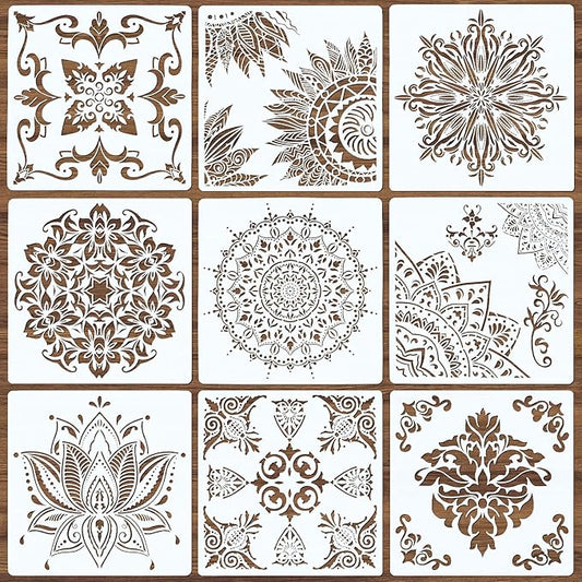 9 Pack Large Reusable Stencil Mandala Stencil Laser Cut Painting Template for Wood Wall Floor Tile Fabric Crafts Furniture Stencils Painting(12x12 Inch)