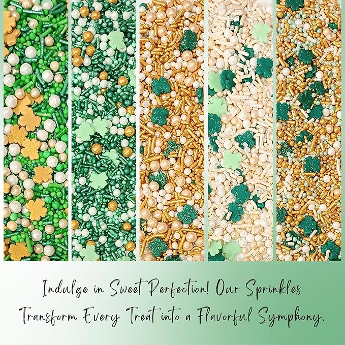 Confect Edible Sprinkles Mix Pack of 5 (5 oz) – Green, Gold & White Sprinkles for Baking – Cake, Cupcake & Cookie Decorations for St. Patrick’s Day, Birthdays & Celebrations | Vegan, Gluten-Free, Nut-Free, Soy-Free, Dairy-Free, Palm Oil-Free - 5 Oz