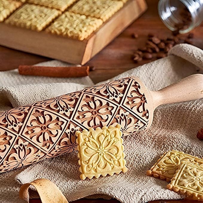 17" Premium Wooden Rolling Pins for Baking with European Embossed Designs | 3mm Deep Springerle Cookie Molds | Christmas Rolling Pin & Baking Gifts for Women | Includes 3-in-1 Cleaning Brush