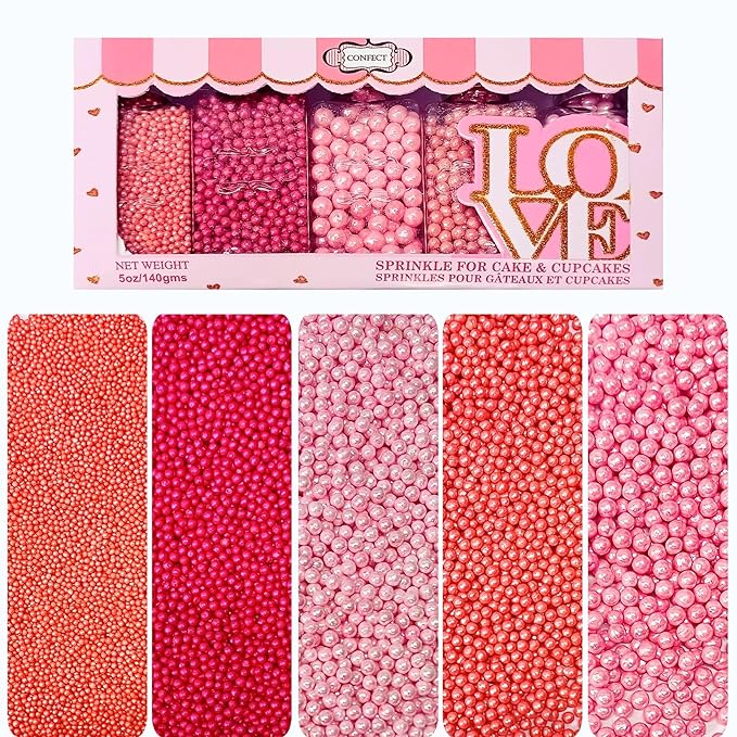 Confect Pretty in Pink Pearl Sprinkles Mix – Pink Sprinkles | Edible Baking Decorations for Cakes, Cupcakes, Cookies – Valentine’s Day & Anniversary Sprinkle Set – Pack of 5 | Vegan, Gluten-Free, Nut-Free, Soy-Free, Dairy-Free , Handcrafted Sprinkle- 5 Oz